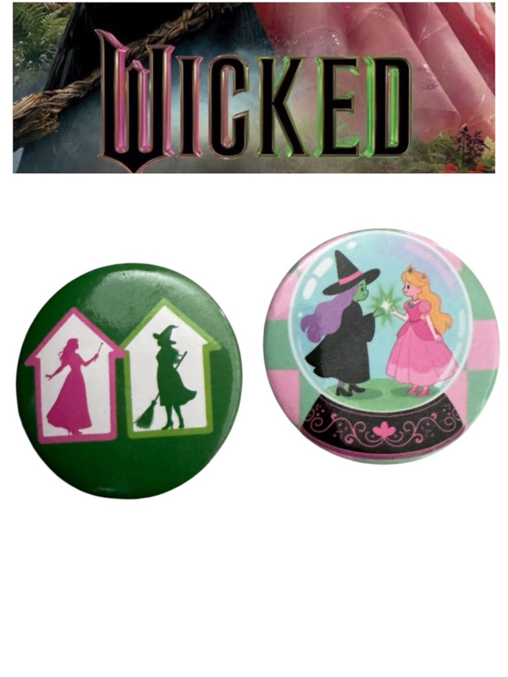 Wicked Theme Green & Pink Witch Pin Button Set